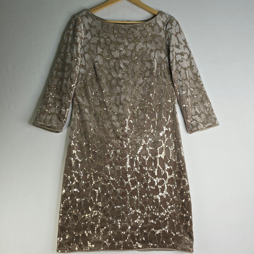 Taupe Velvet Sequin Sheath Dress 3/4 Sleeve Boat Neck Holiday Party Mini